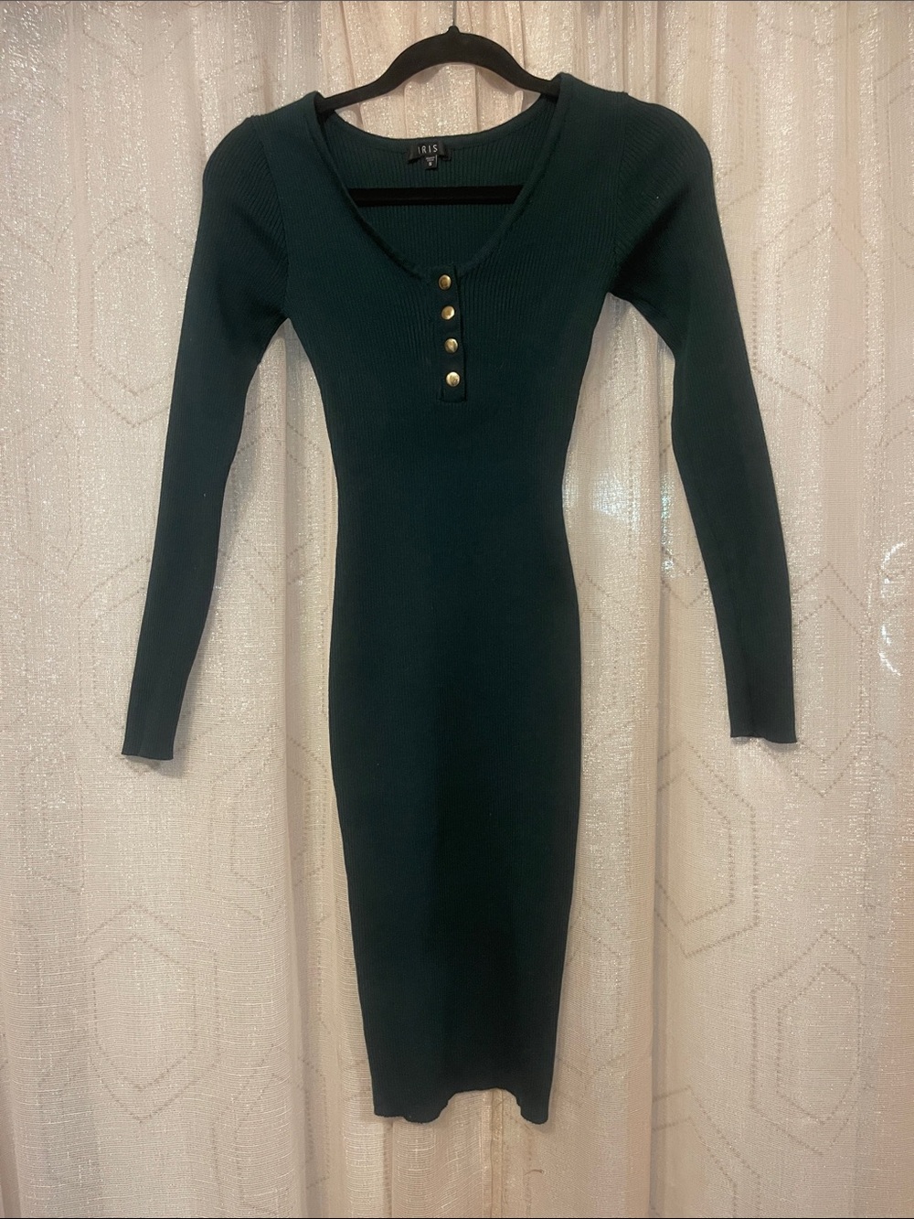 IRIS S Deep Teal Ribbed Long-Sleeve Midi Dress with Gold Buttons